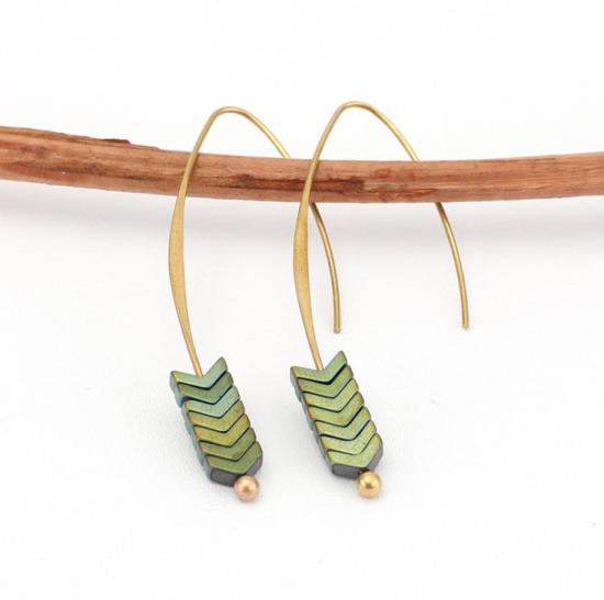 Picture of Stone Earrings Gold Plated Green Arrowhead 60mm(2 3/8") x 1 Pair