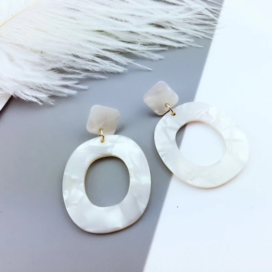 Picture of Acetic Acid Resin Acetimar Marble Earrings White Oval Circle Ring, 1 Pair