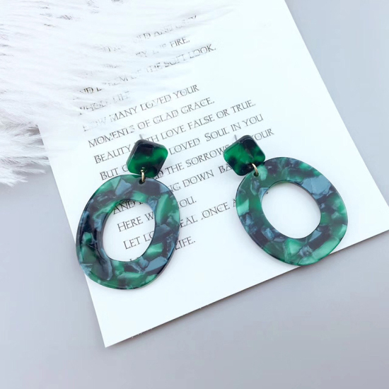 Picture of Acetic Acid Resin Acetimar Marble Earrings Green Oval Circle Ring, 1 Pair