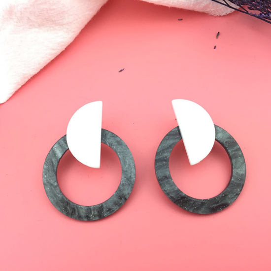 Picture of Acetic Acid Resin Acetimar Marble Earrings Gray Half Round Circle Ring, 1 Pair
