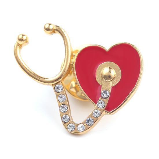 Picture of Pin Brooches Stethoscope Heart Gold Plated Red Enamel Clear Rhinestone 25mm(1") x 20mm( 6/8"), 1 Piece