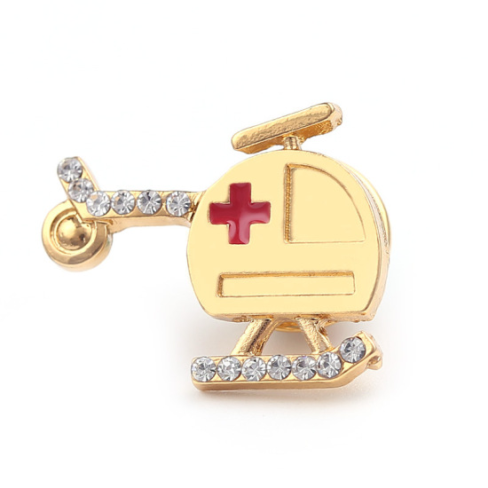 Picture of Pin Brooches Helicopter Gold Plated Red Enamel Clear Rhinestone 22mm( 7/8") x 16mm( 5/8"), 1 Piece