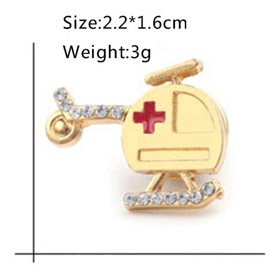 Picture of Pin Brooches Helicopter Gold Plated Red Enamel Clear Rhinestone 22mm( 7/8") x 16mm( 5/8"), 1 Piece