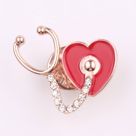 Pin Brooches Stethoscope Heart Rose Gold Red Enamel Clear Rhinestone 25mm(1") x 20mm( 6/8"), 1 Piece の画像