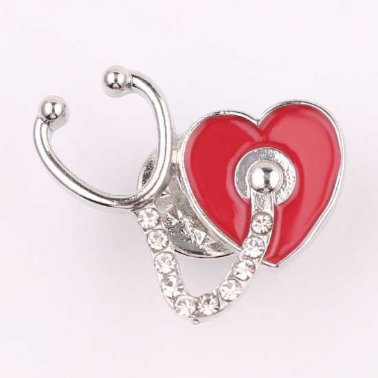 Picture of Pin Brooches Stethoscope Heart Silver Tone Red Enamel Clear Rhinestone 25mm(1") x 20mm( 6/8"), 1 Piece