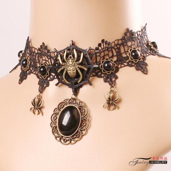 Bild von Lace Choker Halskette Bronzefarbe Schwarz Blumen Halloween Spinne 28cm lang, 1 Strang