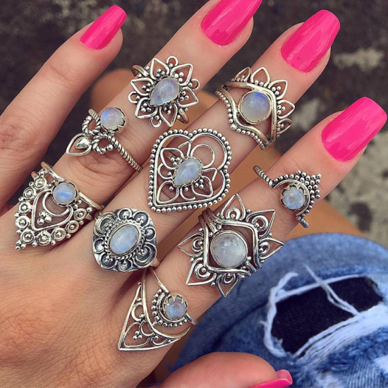 Picture of Boho Chic Rings Antique Silver Color Flower White Rhinestone 17mm( 5/8")(US Size 6.5) - 15mm( 5/8")(US Size 4), 1 Set ( 9 PCs/Set)