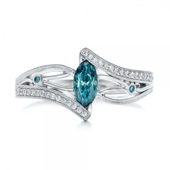 Picture of Simulated Aquamarine Unadjustable Rings Silver Tone Deep Blue Clear Rhinestone 18.1mm( 6/8")(US Size 8) , 1 Piece