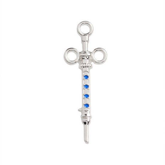 Picture of Pin Brooches Syringe Silver Tone Blue Enamel 35mm(1 3/8") x 12mm( 4/8"), 1 Piece