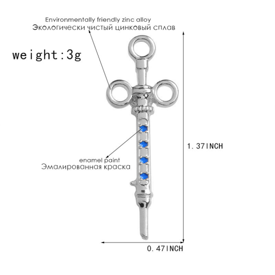 Picture of Pin Brooches Syringe Silver Tone Blue Enamel 35mm(1 3/8") x 12mm( 4/8"), 1 Piece