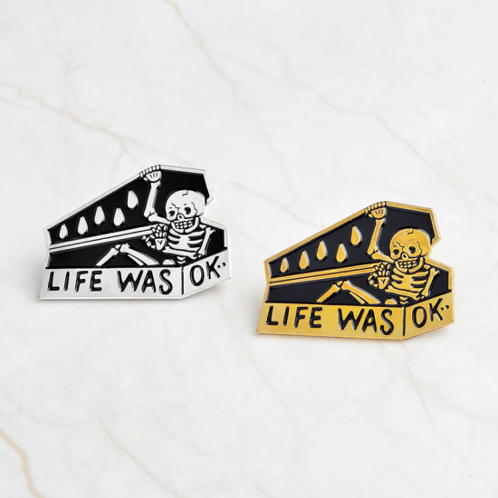 Picture of Tie Tac Lapel Pin Brooches Skeleton Skull Message Silver Tone Black Enamel 36mm(1 3/8") x 25mm(1"), 1 Piece