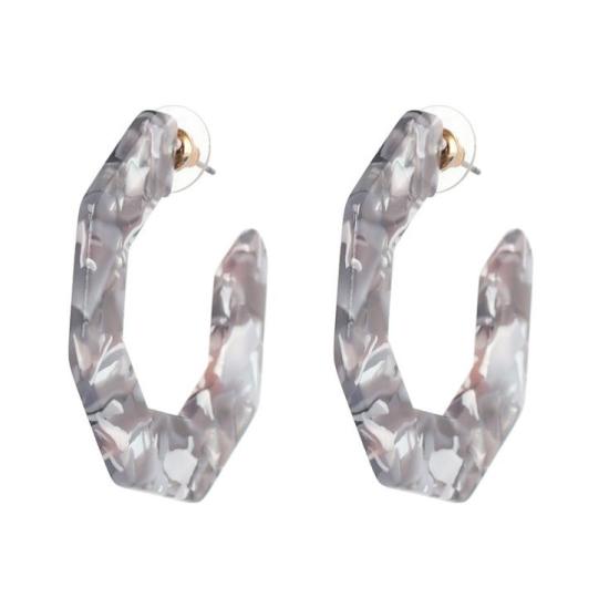 Picture of Acetic Acid Resin Acetimar Marble Hoop Earrings Gray 4.3cm(1 6/8") x 4.3cm(1 6/8"), 1 Pair
