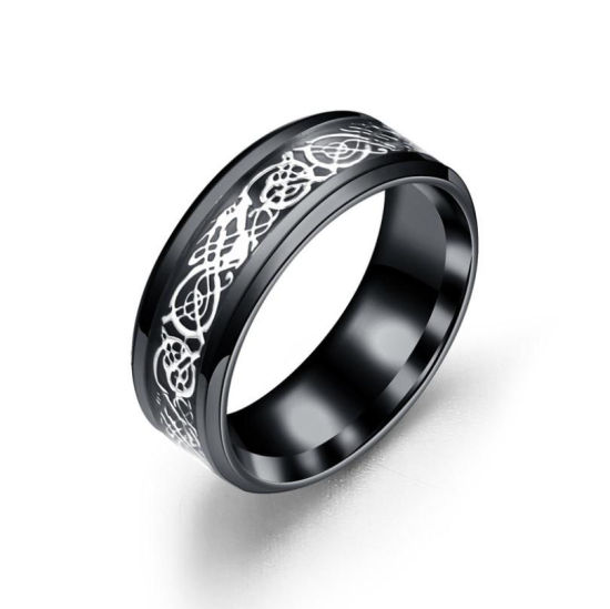 Picture of Stainless Steel Unadjustable Rings Black Silver Dragon 16.5mm( 5/8")(US Size 6), 1 Piece