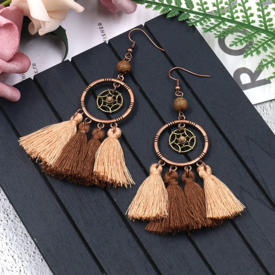 Picture of Polyester Boho Chic Tassel Earrings Antique Copper Coffee & Khaki Dream Catcher Hollow 90mm(3 4/8") x 25mm(1"), 1 Pair