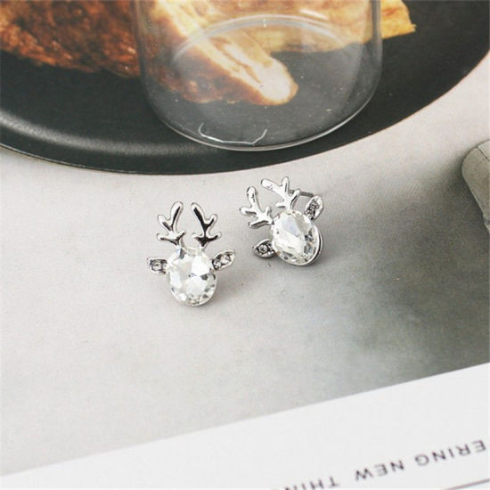 Picture of Ear Post Stud Earrings Silver Tone Christmas Reindeer Clear Rhinestone 19mm x 15mm, 1 Pair