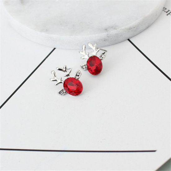 Picture of Ear Post Stud Earrings Silver Tone Christmas Reindeer Clear Rhinestone 19mm x 15mm, 1 Pair