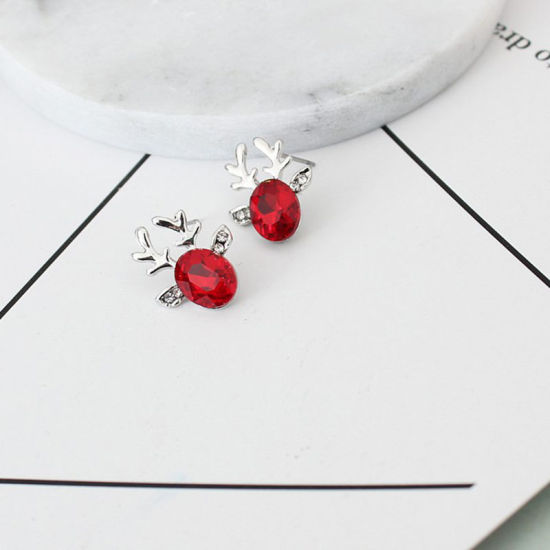 Picture of Ear Post Stud Earrings Silver Tone Christmas Reindeer Red Rhinestone 19mm x 15mm, 1 Pair