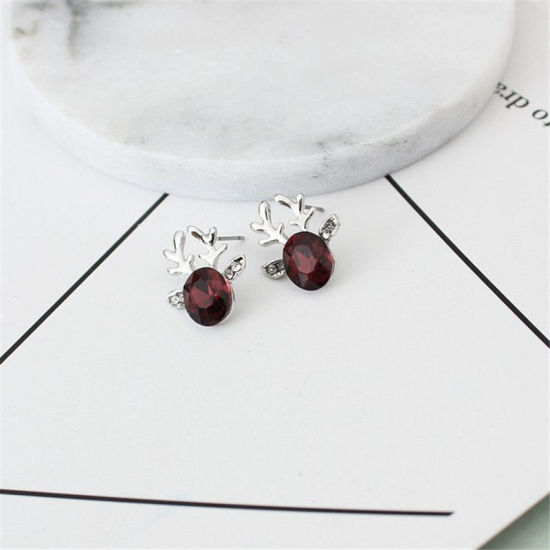 Picture of Ear Post Stud Earrings Silver Tone Christmas Reindeer Red Rhinestone 19mm x 15mm, 1 Pair