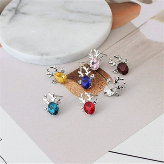 Picture of Ear Post Stud Earrings Silver Tone Christmas Reindeer Red Rhinestone 19mm x 15mm, 1 Pair