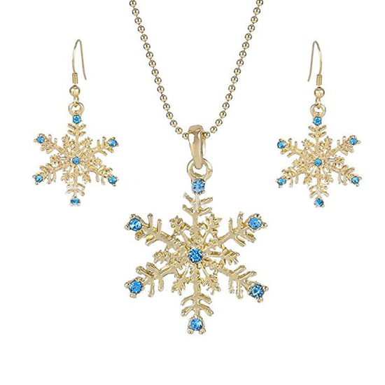 Picture of Jewelry Necklace Earrings Set Light Golden Christmas Snowflake Blue Rhinestone, 1 Set