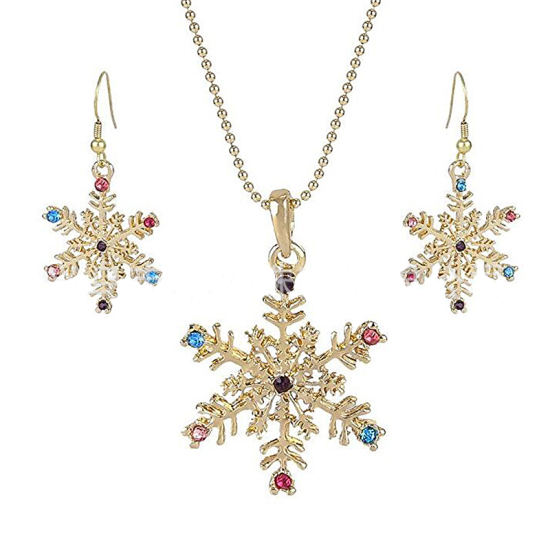 Picture of Jewelry Necklace Earrings Set Light Golden Christmas Snowflake Multicolor Rhinestone, 1 Set