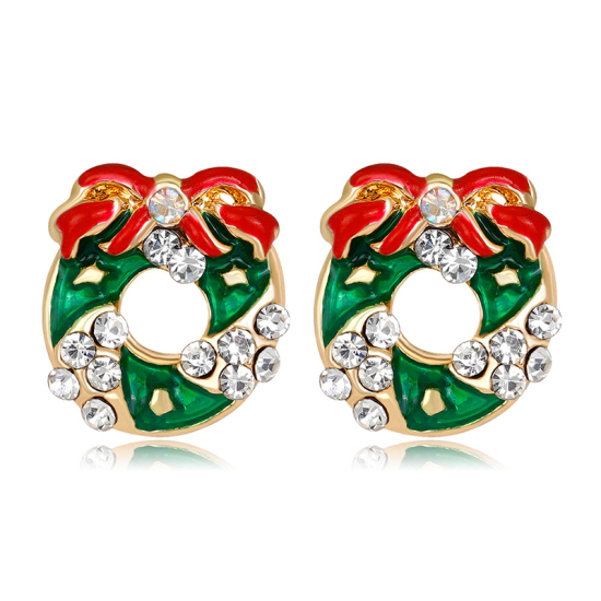 Picture of Ear Post Stud Earrings KC Gold Plated Christmas Wreath Clear Rhinestone Red & Green Enamel 12mm( 4/8") x 11mm( 3/8"), 1 Pair