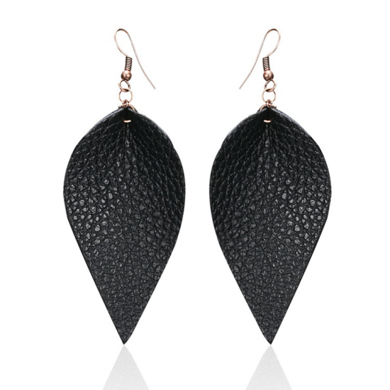 Picture of Faux Leather Earrings Black Drop 80mm x 35mm, 1 Pair