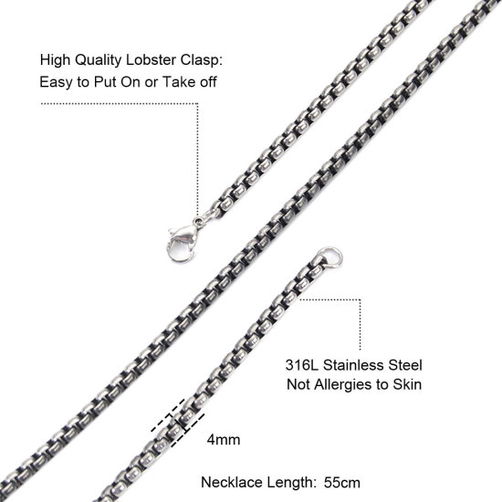 Immagine di 316L Acciaio inossidabile Catena di casella Collana Argento Antico 55cm Lunghezza, Dimensione della Catena 4mm, 1 Pz