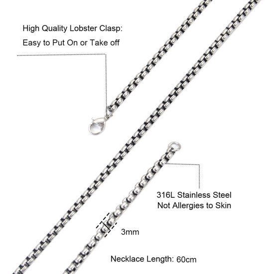 Picture of 316L Stainless Steel Box Chain Necklace Antique Silver Color 60cm(23 5/8") long, Chain Size: 3mm, 1 Piece