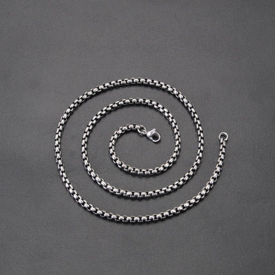 Picture of 316L Stainless Steel Box Chain Necklace Antique Silver Color 60cm(23 5/8") long, Chain Size: 3mm, 1 Piece