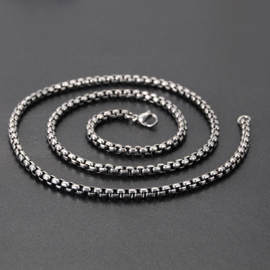 Picture of 316L Stainless Steel Box Chain Necklace Antique Silver Color 60cm(23 5/8") long, Chain Size: 3mm, 1 Piece