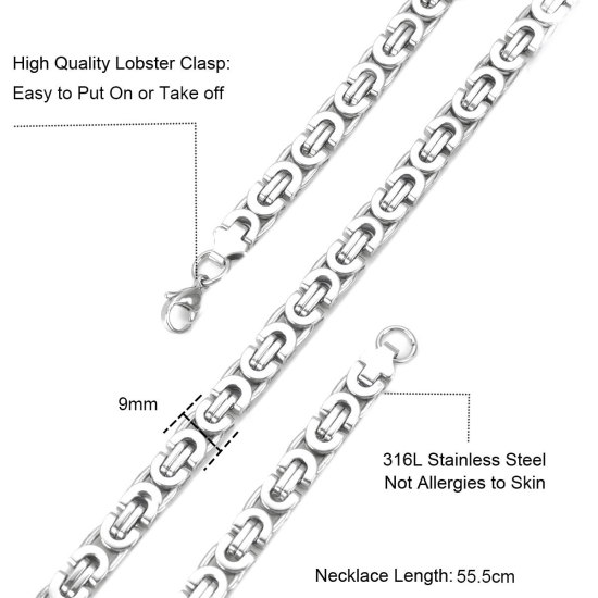 Bild von 316L Edelstahl Byzantinische Gliederkette Halskette Silberfarbe 55.5cm lang, Kettengröße: 9mm, 1 Strang