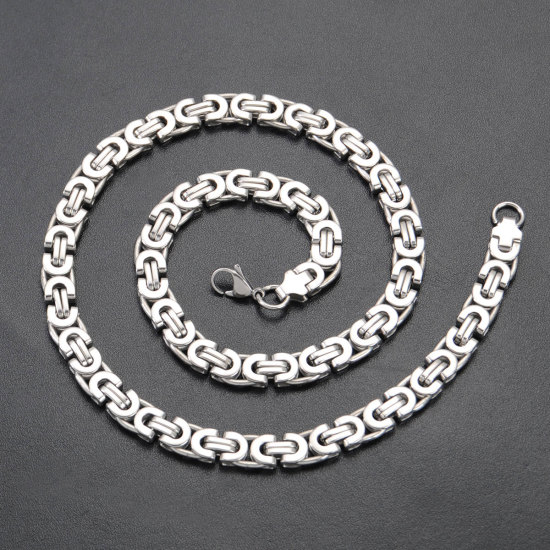 Bild von 316L Edelstahl Byzantinische Gliederkette Halskette Silberfarbe 55.5cm lang, Kettengröße: 9mm, 1 Strang
