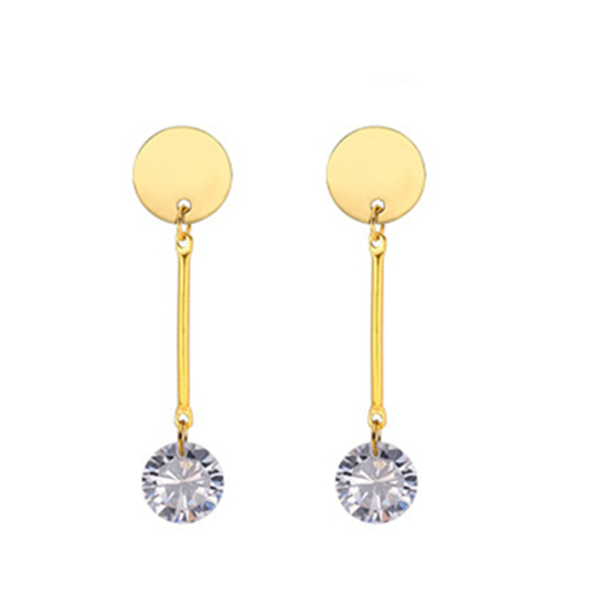 Picture of 316 Titanium Steel Earrings Gold Plated Round Clear Cubic Zirconia 4.8cm(1 7/8") x 1cm(3/8"), Post/ Wire Size: (20 gauge), 1 Pair”