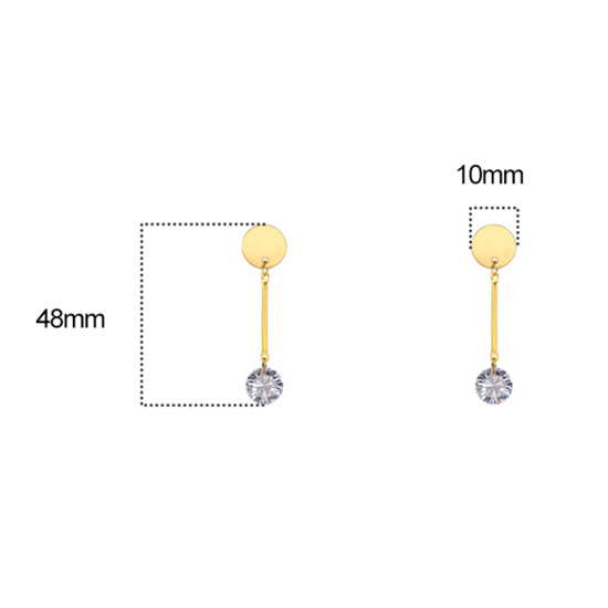 Picture of 316 Titanium Steel Earrings Gold Plated Round Clear Cubic Zirconia 4.8cm(1 7/8") x 1cm(3/8"), Post/ Wire Size: (20 gauge), 1 Pair”