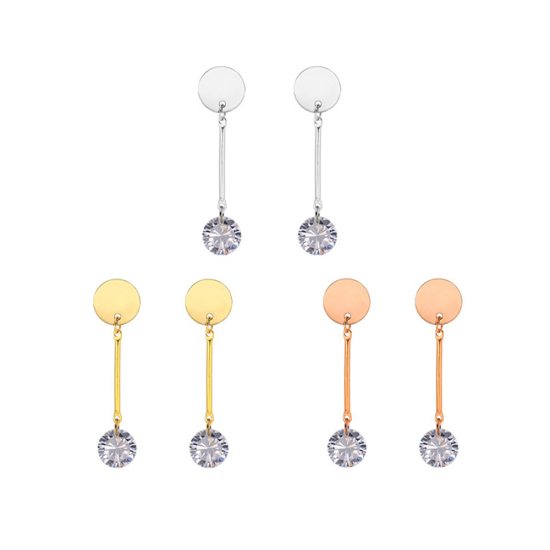 Picture of 316 Titanium Steel Earrings Gold Plated Round Clear Cubic Zirconia 4.8cm(1 7/8") x 1cm(3/8"), Post/ Wire Size: (20 gauge), 1 Pair”