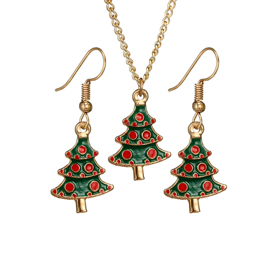 Изображение Комплект Ожерелья и Серьги Позолоченный Красный & Зеленый Рождественская елка С Эмалью 45см длина, 4.1см, 1 Комплект
