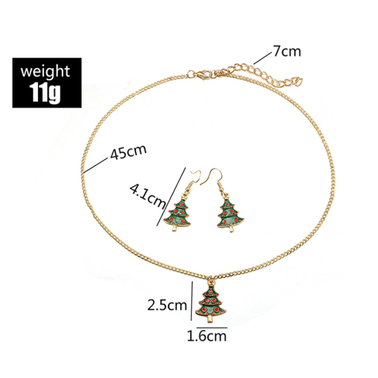 Picture of Jewelry Necklace Earrings Set Gold Plated Red & Green Enamel Christmas Tree 45cm(17 6/8") long, 4.1cm(1 5/8"), 1 Set