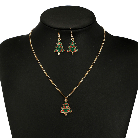 Picture of Jewelry Necklace Earrings Set Gold Plated Red & Green Enamel Christmas Tree 45cm(17 6/8") long, 4.1cm(1 5/8"), 1 Set