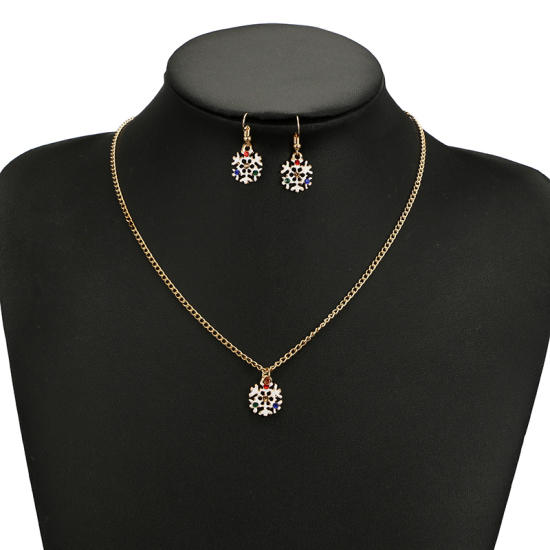 Picture of Jewelry Necklace Earrings Set Gold Plated White Enamel Christmas Snowflake Multicolor Rhinestone 45cm(17 6/8") long, 3.2cm(1 2/8"), 1 Set