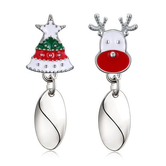 Picture of Brass Earrings Platinum Color White & Red Christmas Tree Pere David's Deer Enamel 37mm(1 4/8") x 13mm( 4/8"), 1 Pair                                                                                                                                          