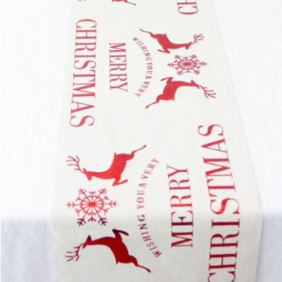 Picture of Cotton & Linen Tablecloth Table Cover White & Red Rectangle Christmas Reindeer 270cm x 28cm, 1 Piece