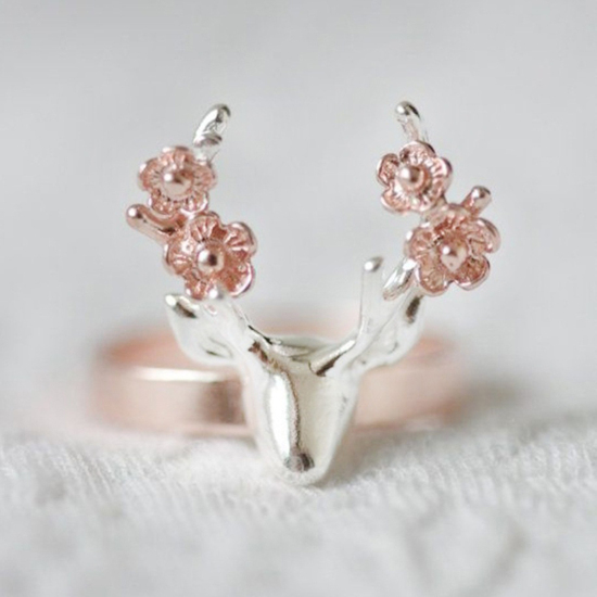 Picture of Brass Unadjustable Rings Rose Gold Silver Plated Christmas Reindeer Flower 18.9mm( 6/8")(US Size 9), 1 Piece                                                                                                                                                  