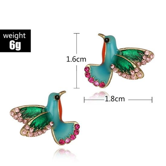 Image de Boucles d'Oreilles Puces Vert Oiseau à Strass Rose Émail 18mm x 16mm, 1 Paire