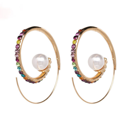 Picture of Hoop Earrings Gold Plated White Spiral Multicolor Rhinestone 43mm x 40mm, 1 Pair