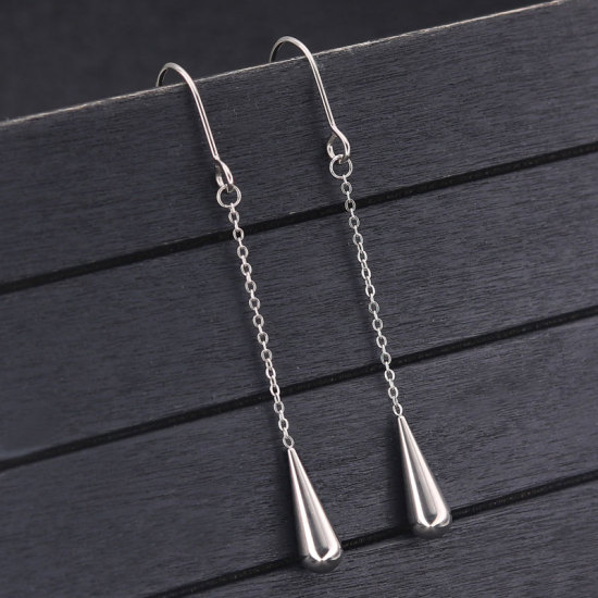 Imagen de 316 Acero Inoxidable Pendientes Tono de Plata Gota 65mm, Post/ Wire Size: (20 gauge), 1 Par”