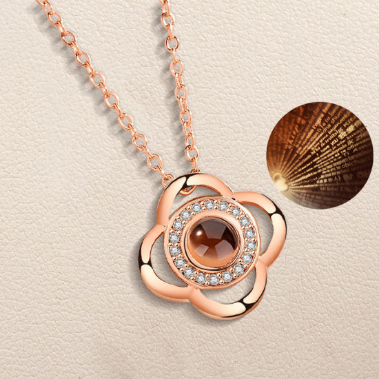 Picture of Brass & Cubic Zirconia 100 Different Languages for "I Love You" Love Memory Nanotechnology Projective Necklace Rose Gold Four Leaf Clover 50cm(19 5/8") long, 1 Piece                                                                                         
