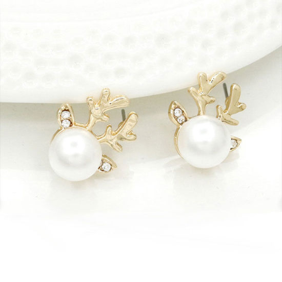 Picture of Ear Post Stud Earrings Gold Plated Christmas Reindeer Clear Rhinestone White Acrylic Imitation Pearl 18mm( 6/8") x 16mm( 5/8"), 1 Pair