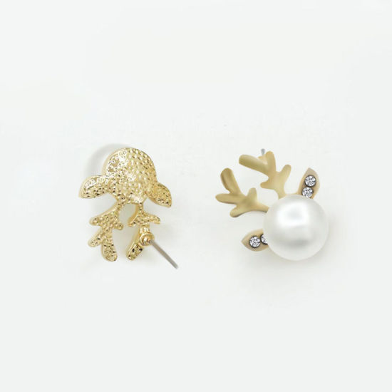 Picture of Ear Post Stud Earrings Gold Plated Christmas Reindeer Clear Rhinestone White Acrylic Imitation Pearl 18mm( 6/8") x 16mm( 5/8"), 1 Pair