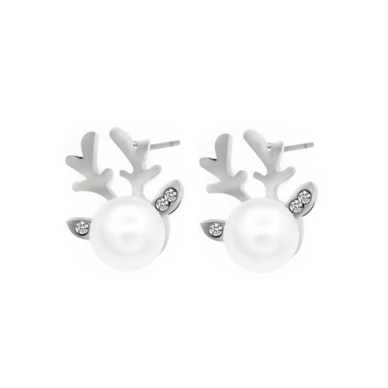 Picture of Ear Post Stud Earrings Silver Tone Christmas Reindeer Clear Rhinestone White Acrylic Imitation Pearl 18mm( 6/8") x 16mm( 5/8"), 1 Pair